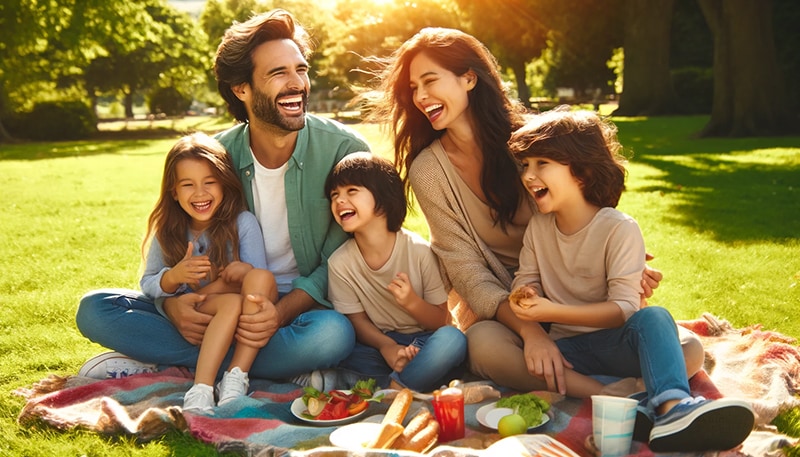 Familia feliz haciendo pic-nic