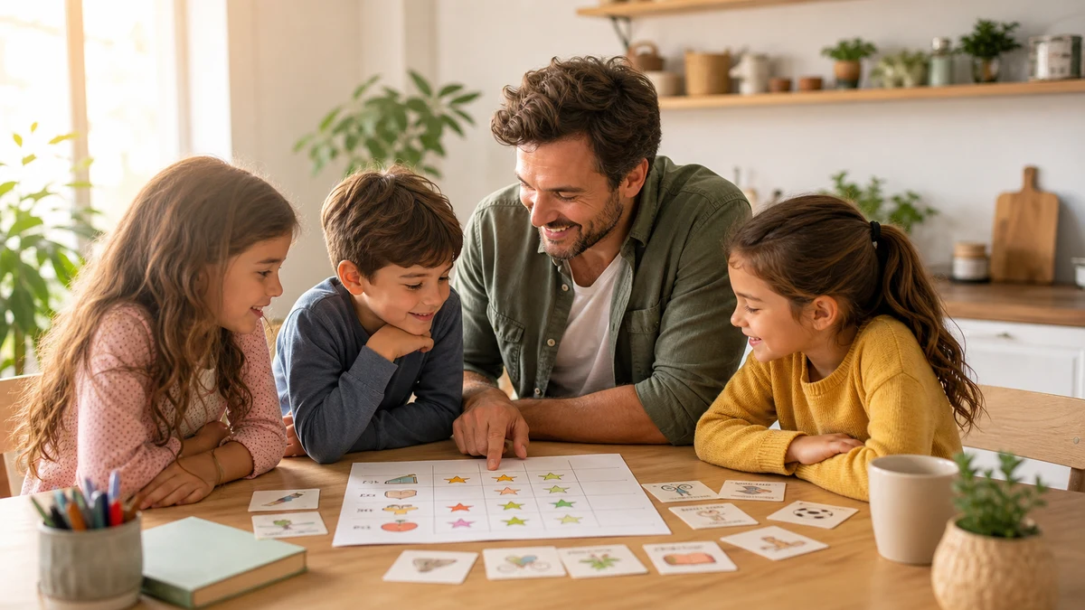 Un padre y sus hijos construyendo hábitos positivos juntos con Motikids