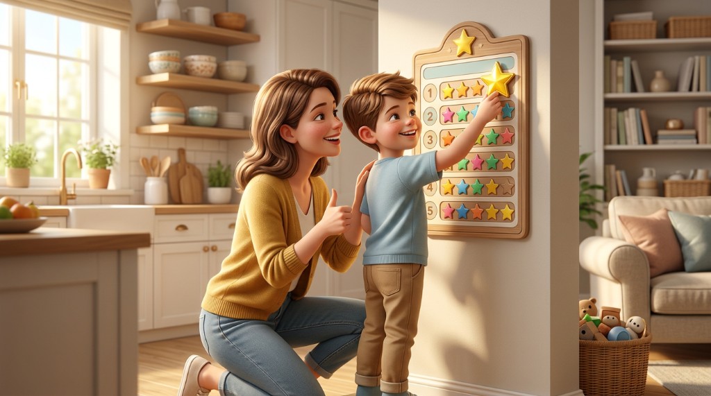 Padre y niño usando refuerzo positivo en casa