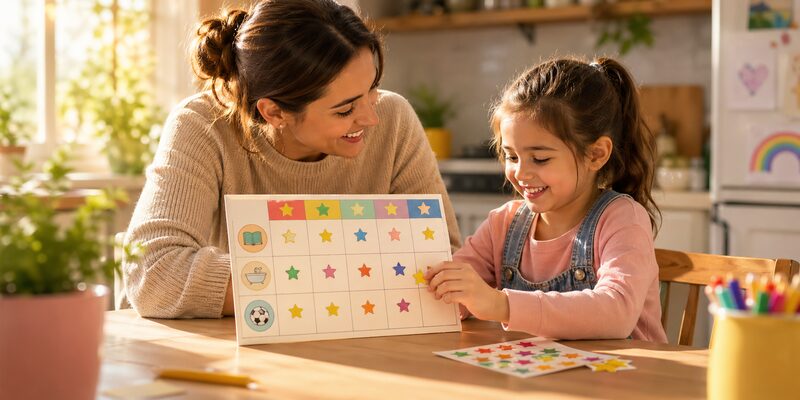 Familia usando una tabla de recompensas semanal en casa